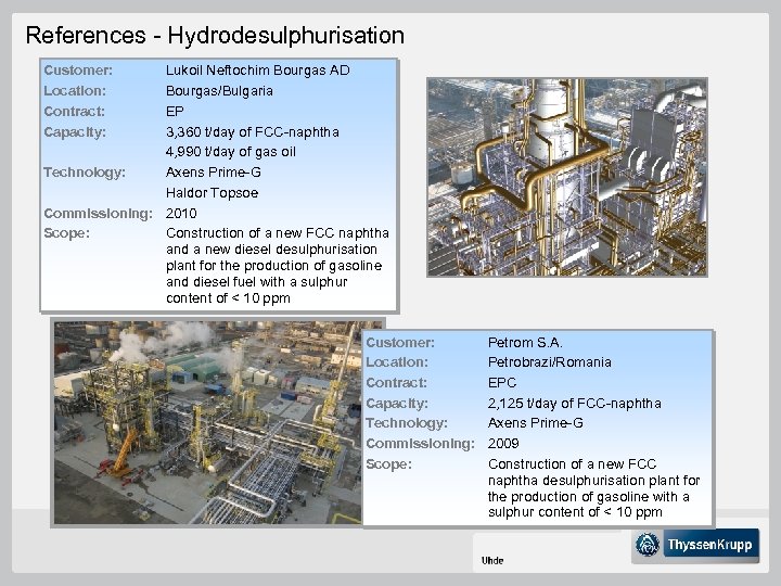 References - Hydrodesulphurisation Customer: Location: Contract: Capacity: Lukoil Neftochim Bourgas AD Bourgas/Bulgaria EP 3,