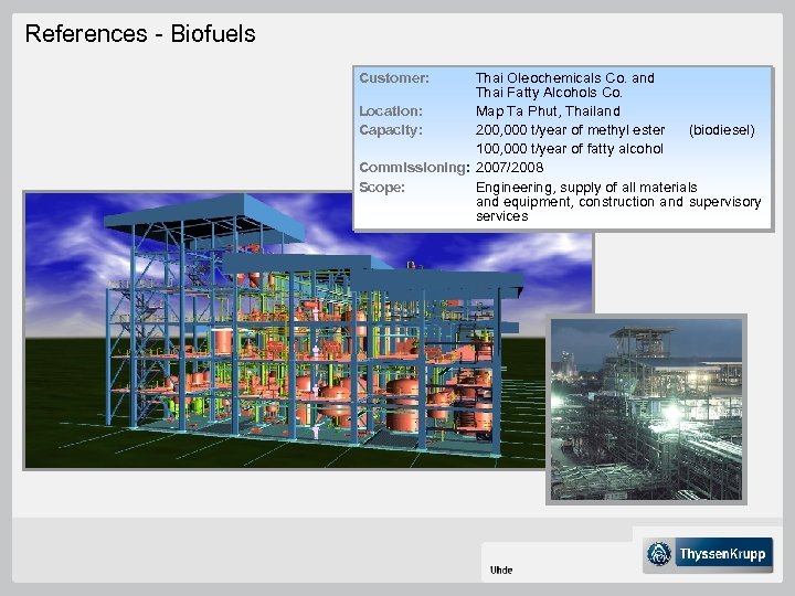 References - Biofuels Customer: Thai Oleochemicals Co. and Thai Fatty Alcohols Co. Location: Map