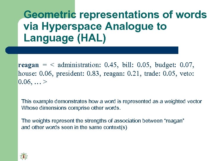 Geometric representations of words via Hyperspace Analogue to Language (HAL) reagan = < administration: