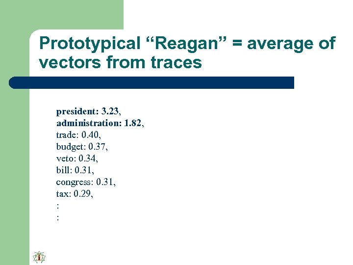 Prototypical “Reagan” = average of vectors from traces president: 3. 23, administration: 1. 82,
