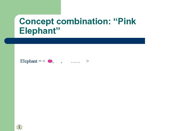 Concept combination: “Pink Elephant” Elephant = < , , …… > 