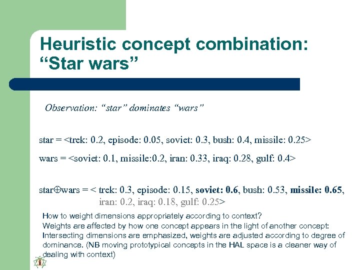Heuristic concept combination: “Star wars” Observation: “star” dominates “wars” star = <trek: 0. 2,
