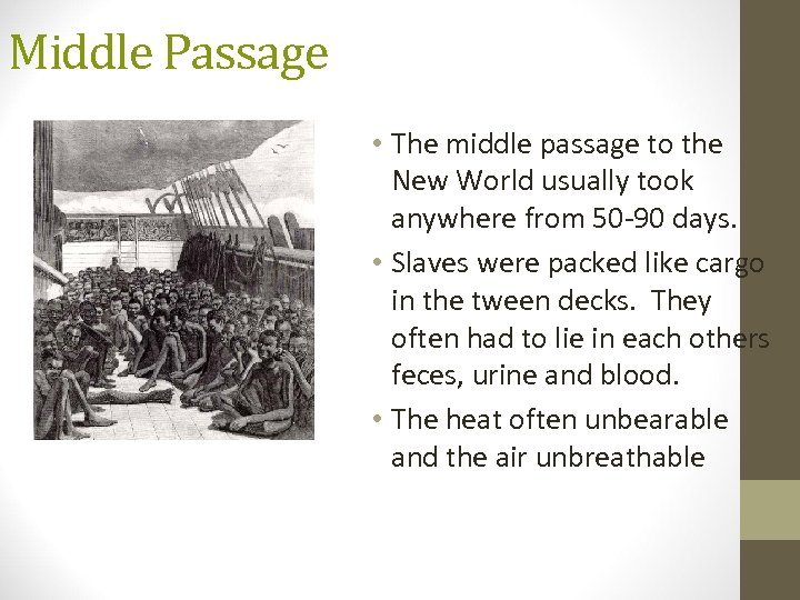 Middle Passage • The middle passage to the New World usually took anywhere from
