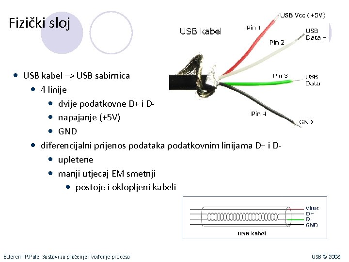 Fizički sloj USB kabel –> USB sabirnica 4 linije dvije podatkovne D+ i D