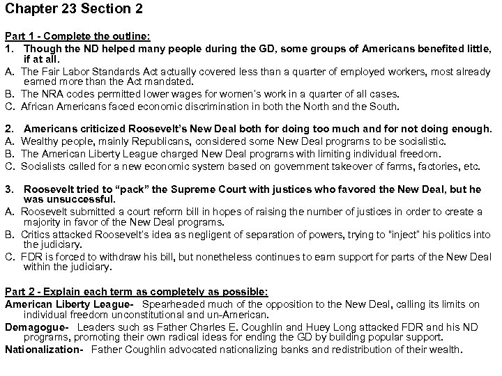 Chapter 23 Section 2 Part 1 - Complete the outline: 1. Though the ND