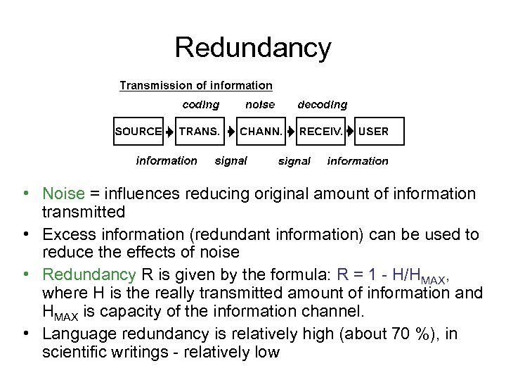 Redundancy • Noise = influences reducing original amount of information transmitted • Excess information