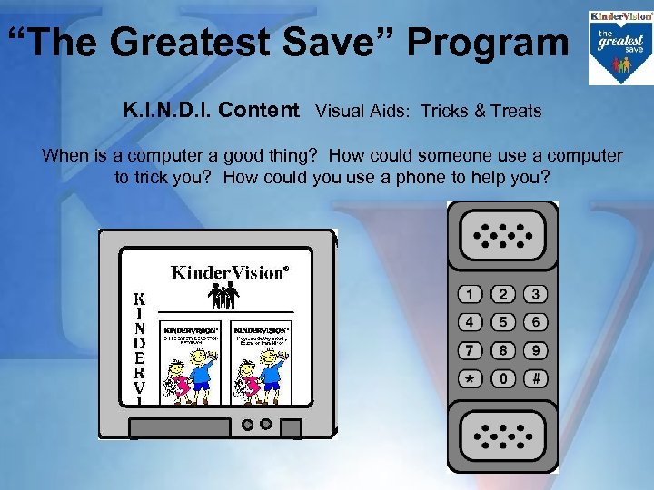 “The Greatest Save” Program K. I. N. D. I. Content Visual Aids: Tricks &