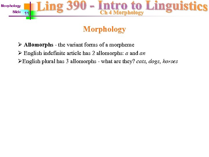 Morphology Slide 11 Ch 4 Morphology Ø Allomorphs - the variant forms of a