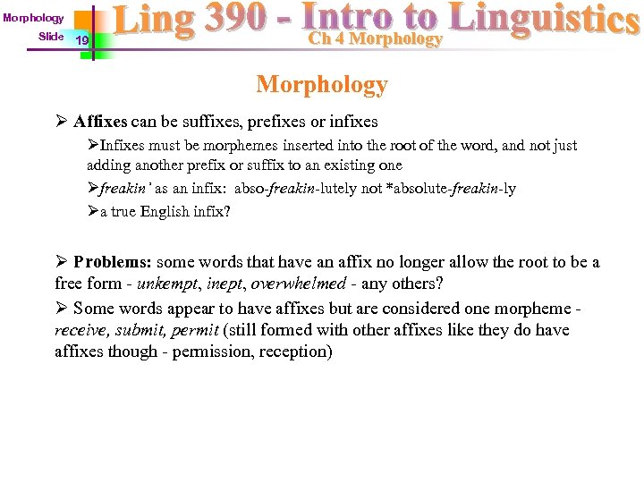 Morphology Slide 19 Ch 4 Morphology Ø Affixes can be suffixes, prefixes or infixes