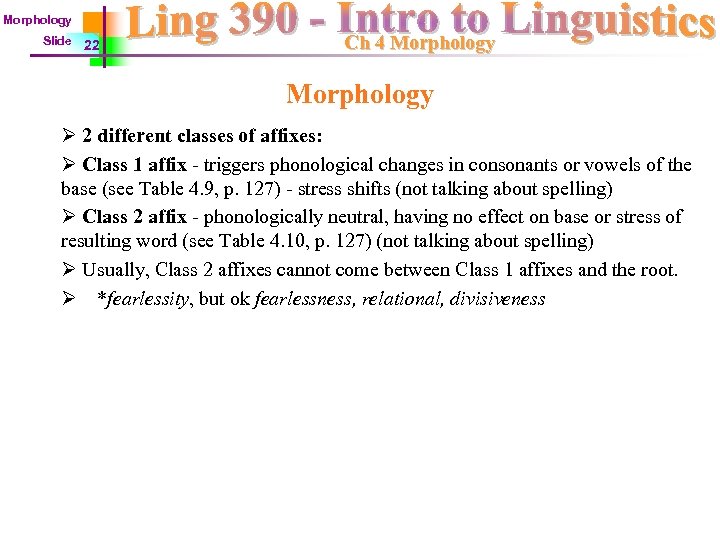 Morphology Slide 22 Ch 4 Morphology Ø 2 different classes of affixes: Ø Class