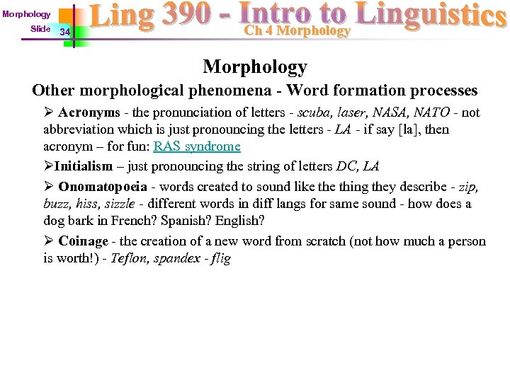Morphology Slide 34 Ch 4 Morphology Other morphological phenomena - Word formation processes Ø