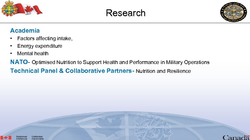 Research Academia • Factors affecting intake, • Energy expenditure • Mental health NATO- Optimised