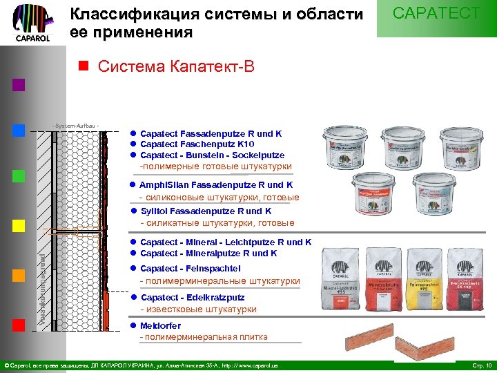 Классификация системы и области ее применения CAPATECT n Система Капатект В System Aufbau l