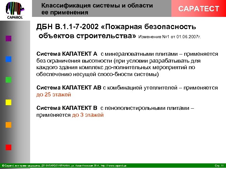 Классификация системы и области ее применения CAPATECT ДБН В. 1. 1 7 2002 «Пожарная
