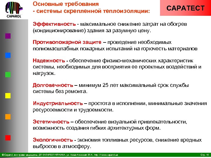 Основные требования системы скрепленной теплоизоляции: CAPATECT Эффективность максимальное снижение затрат на обогрев (кондиционирование) здания
