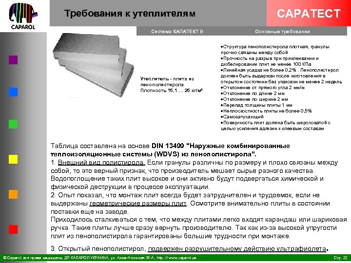 Требования к утеплителям Система КАПАТЕКТ В Утеплитель плита из пенополистирола Плотность 15, 1 …