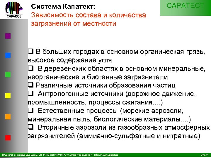 Система Капатект: Зависимость состава и количества загрязнений от местности CAPATECT q В больших городах