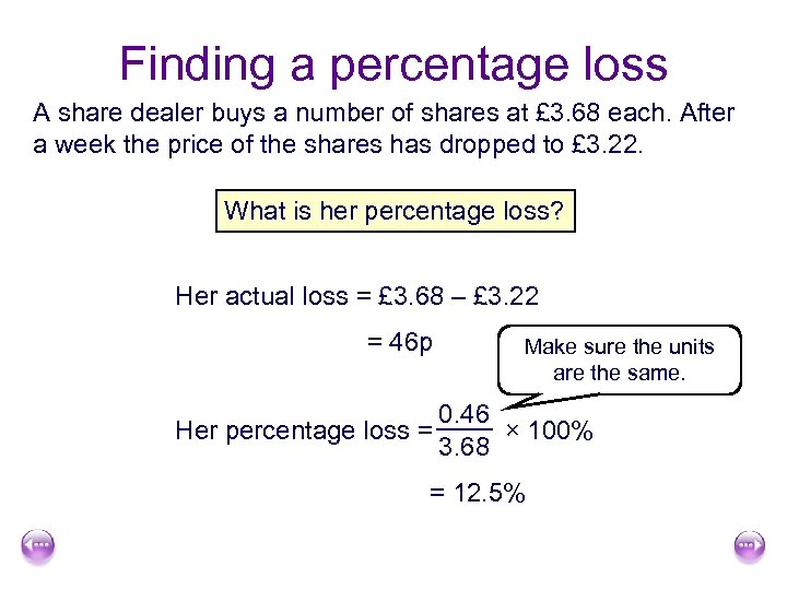 Finding a percentage loss A share dealer buys a number of shares at £