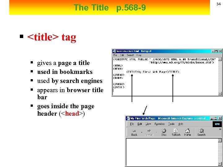 34 The Title p. 568 -9 § <title> tag § § gives a page