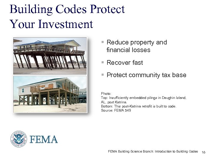 Building Codes Protect Your Investment § Reduce property and financial losses § Recover fast