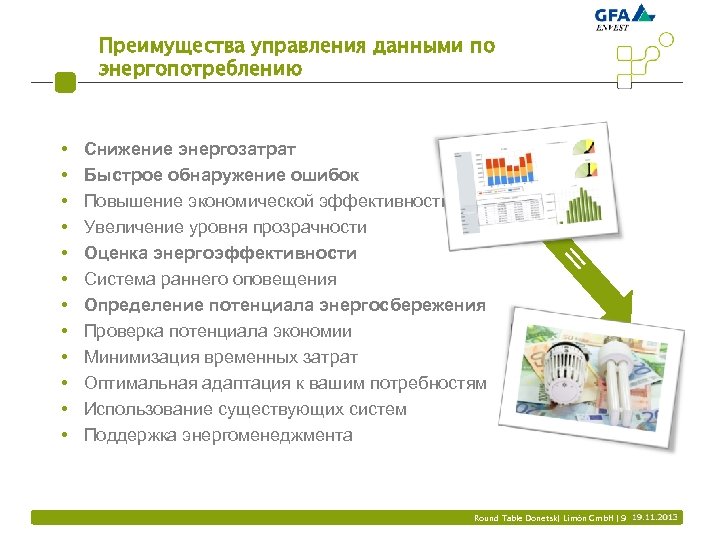 Преимущества управления данными по энергопотреблению Снижение энергозатрат Быстрое обнаружение ошибок Повышение экономической эффективности Увеличение