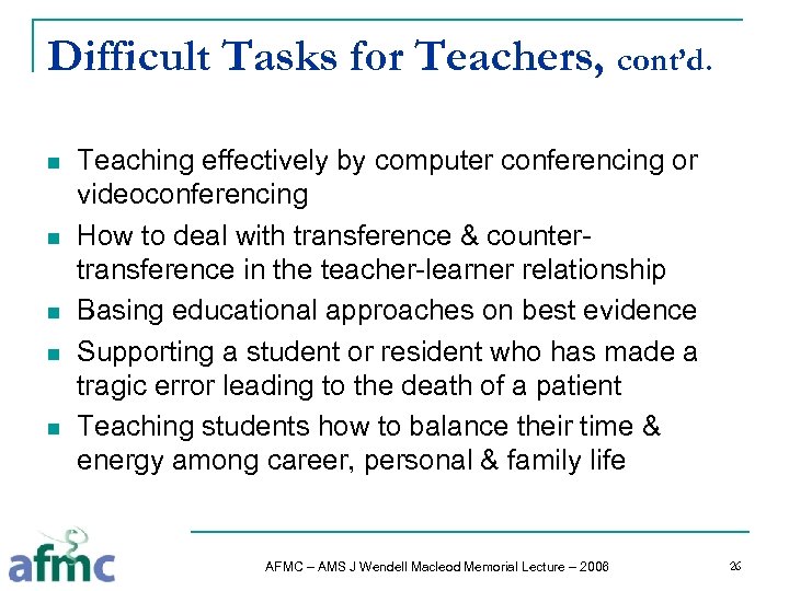 Difficult Tasks for Teachers, cont’d. n n n Teaching effectively by computer conferencing or