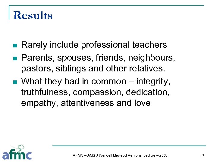 Results n n n Rarely include professional teachers Parents, spouses, friends, neighbours, pastors, siblings