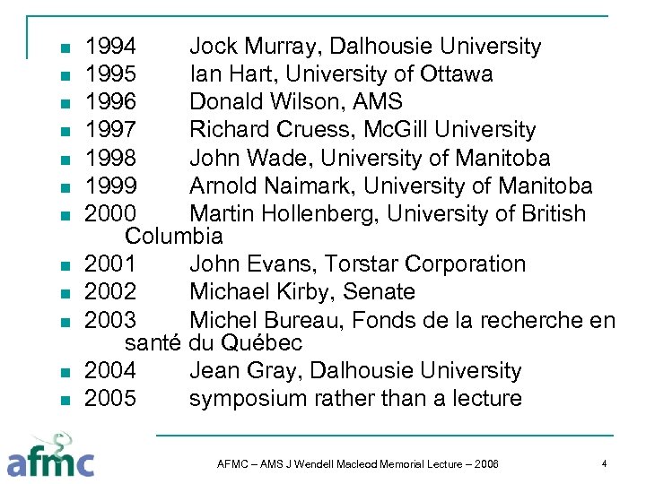n n n 1994 Jock Murray, Dalhousie University 1995 Ian Hart, University of Ottawa