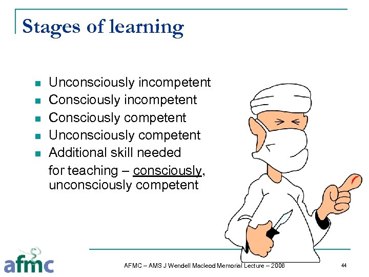 Stages of learning n n n Unconsciously incompetent Consciously competent Unconsciously competent Additional skill