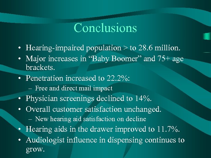 Conclusions • Hearing-impaired population > to 28. 6 million. • Major increases in “Baby