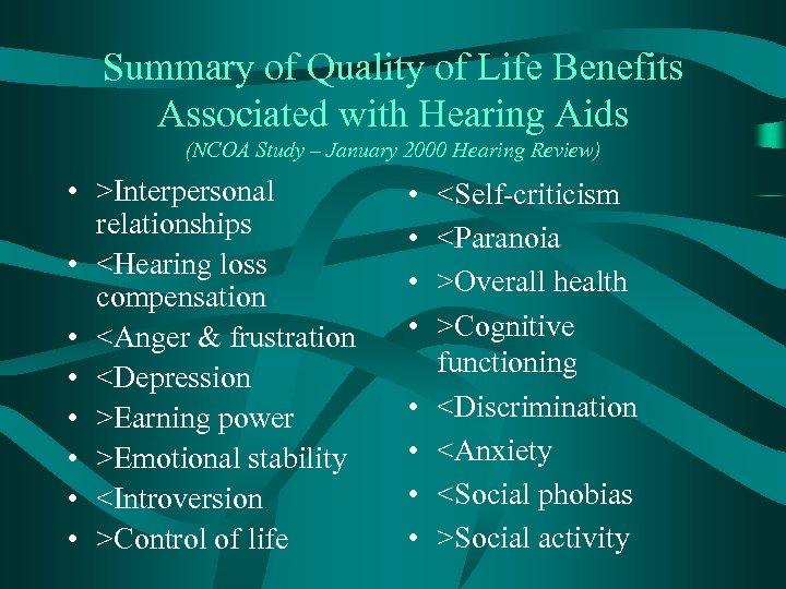 Summary of Quality of Life Benefits Associated with Hearing Aids (NCOA Study – January