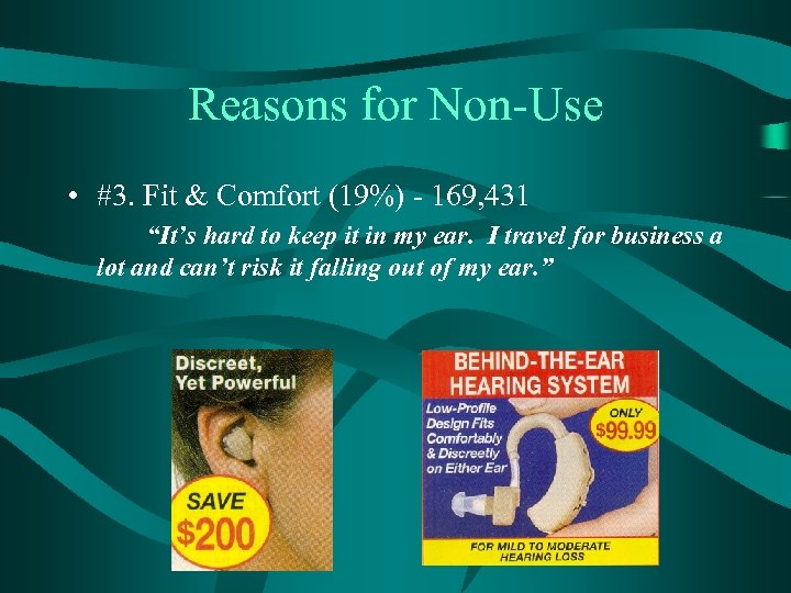 Reasons for Non-Use • #3. Fit & Comfort (19%) - 169, 431 “It’s hard