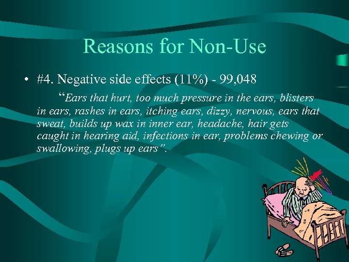 Reasons for Non-Use • #4. Negative side effects (11%) - 99, 048 “Ears that