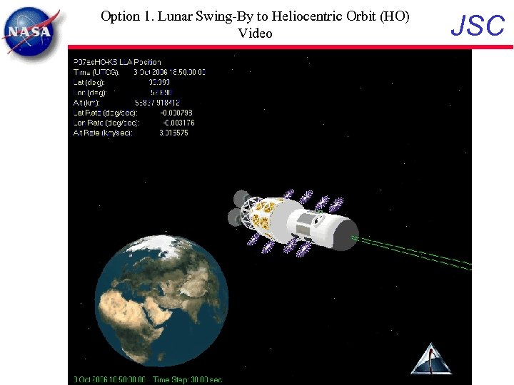 Option 1. Lunar Swing-By to Heliocentric Orbit (HO) Video JSC 