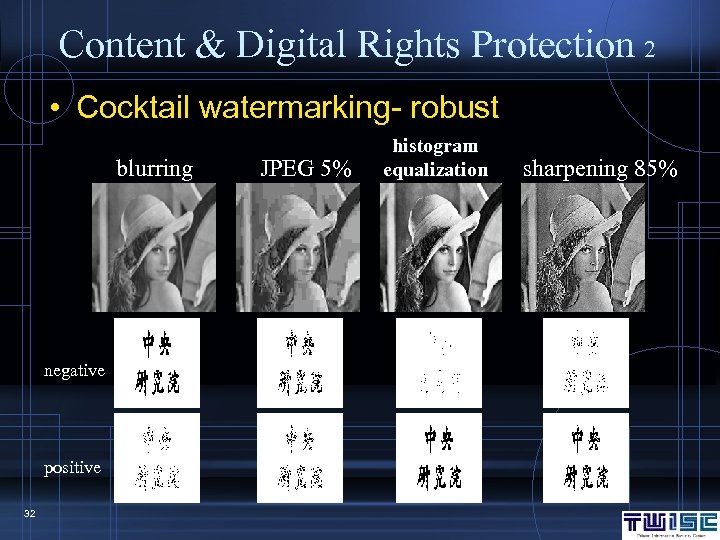 Content & Digital Rights Protection 2 • Cocktail watermarking- robust blurring negative positive 32
