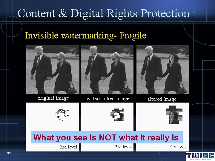Content & Digital Rights Protection 1 Invisible watermarking- Fragile original image watermarked image altered