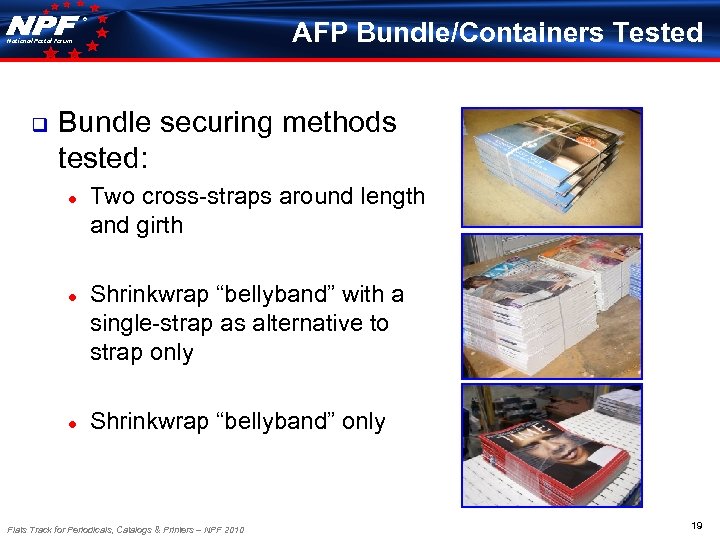 ® AFP Bundle/Containers Tested National Postal Forum q Bundle securing methods tested: ● Two
