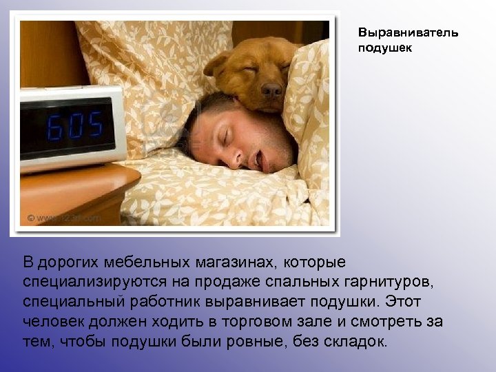 Выравниватель подушек В дорогих мебельных магазинах, которые специализируются на продаже спальных гарнитуров, специальный работник