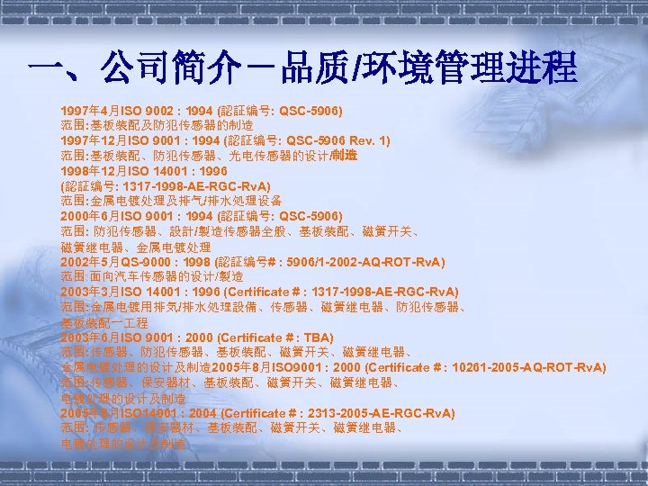 一、公司简介－品质/环境管理进程 1997年 4月ISO 9002 : 1994 (認証编号: QSC-5906) 范围: 基板装配及防犯传感器的制造 1997年 12月ISO 9001 :