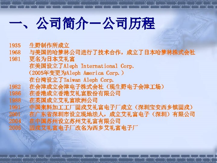 一、公司简介－公司历程 1935 1968 1981 1982 1986 1988 1991 2004 2005 生野制作所成立 与美国的哈梦林公司进行了技术合作，成立了日本哈梦林株式会社 更名为日本艾礼富 在美国设立了Aleph