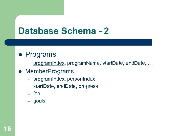 Database Schema - 2 l Programs – l Member. Programs – – 16 program.