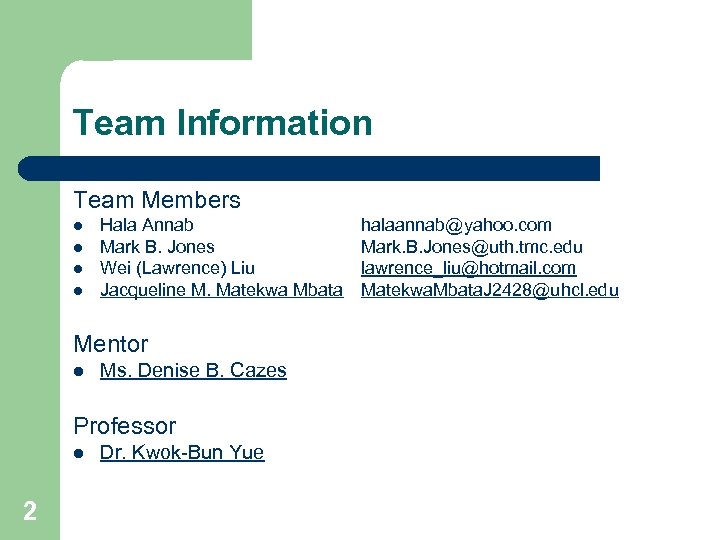 Team Information Team Members l l Hala Annab Mark B. Jones Wei (Lawrence) Liu