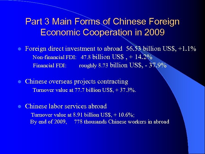 Part 3 Main Forms of Chinese Foreign Economic Cooperation in 2009 l Foreign direct