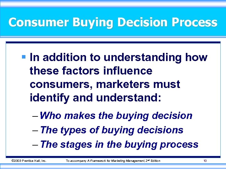 Consumer Buying Decision Process § In addition to understanding how these factors influence consumers,