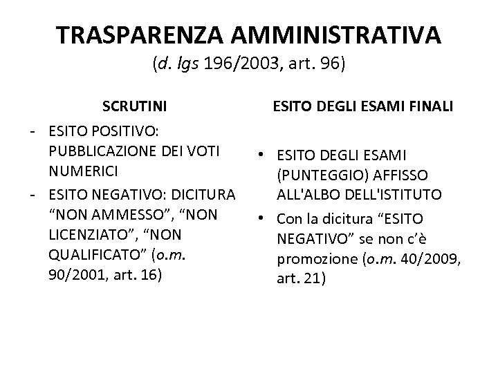 TRASPARENZA AMMINISTRATIVA (d. lgs 196/2003, art. 96) SCRUTINI ESITO DEGLI ESAMI FINALI - ESITO