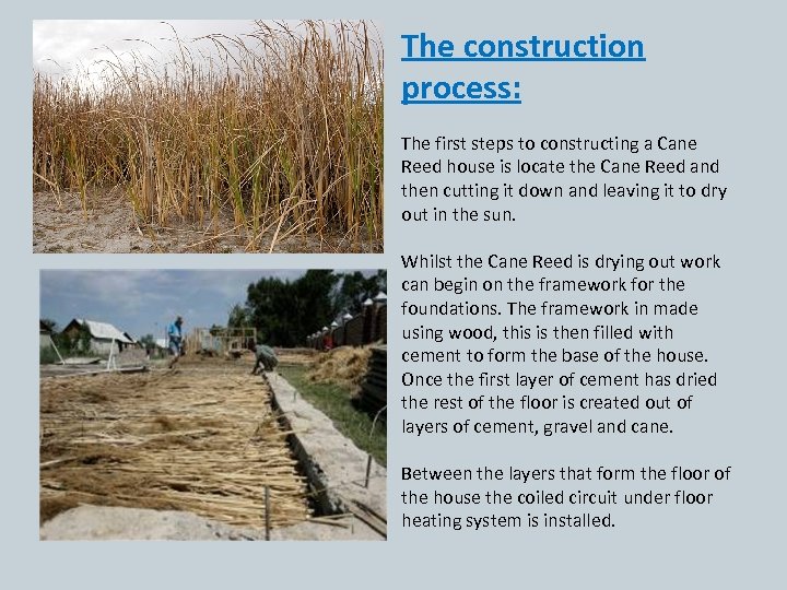The construction process: The first steps to constructing a Cane Reed house is locate