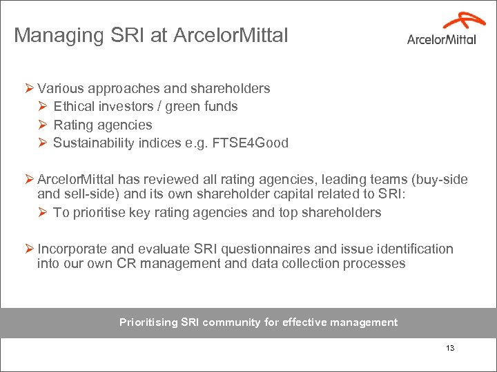 Managing SRI at Arcelor. Mittal Ø Various approaches and shareholders Ø Ethical investors /