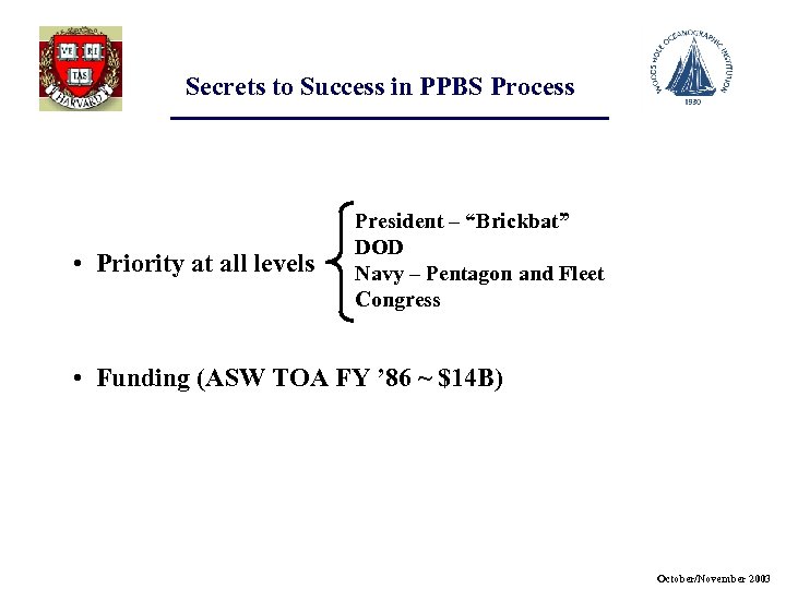 Secrets to Success in PPBS Process • Priority at all levels President – “Brickbat”