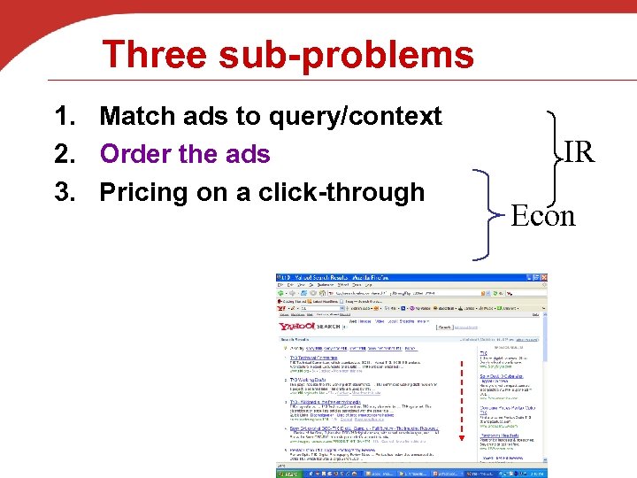 Three sub-problems 1. Match ads to query/context 2. Order the ads 3. Pricing on
