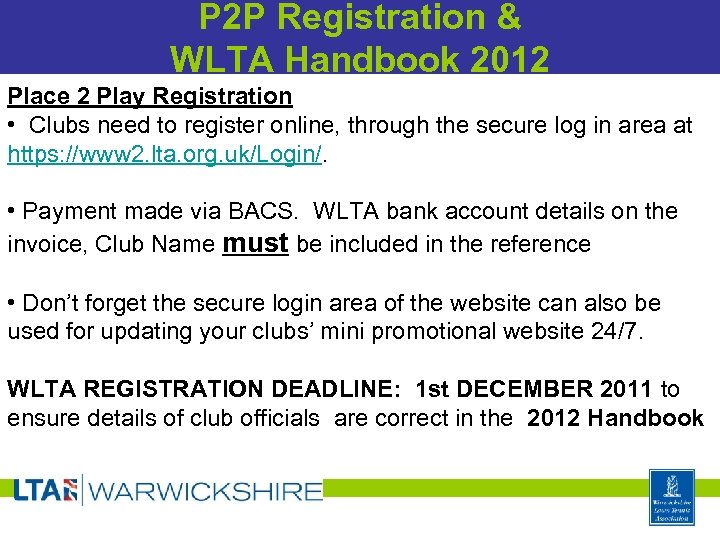 P 2 P Registration & WLTA Handbook 2012 Place 2 Play Registration • Clubs
